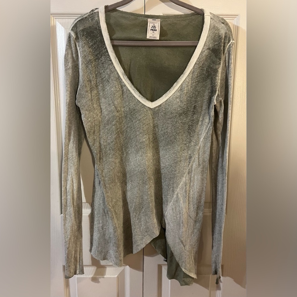 Free People Long Beach Pullover Asymmetrical Distressed Wash Olive T Shirt (S) - Picture 2 of 9